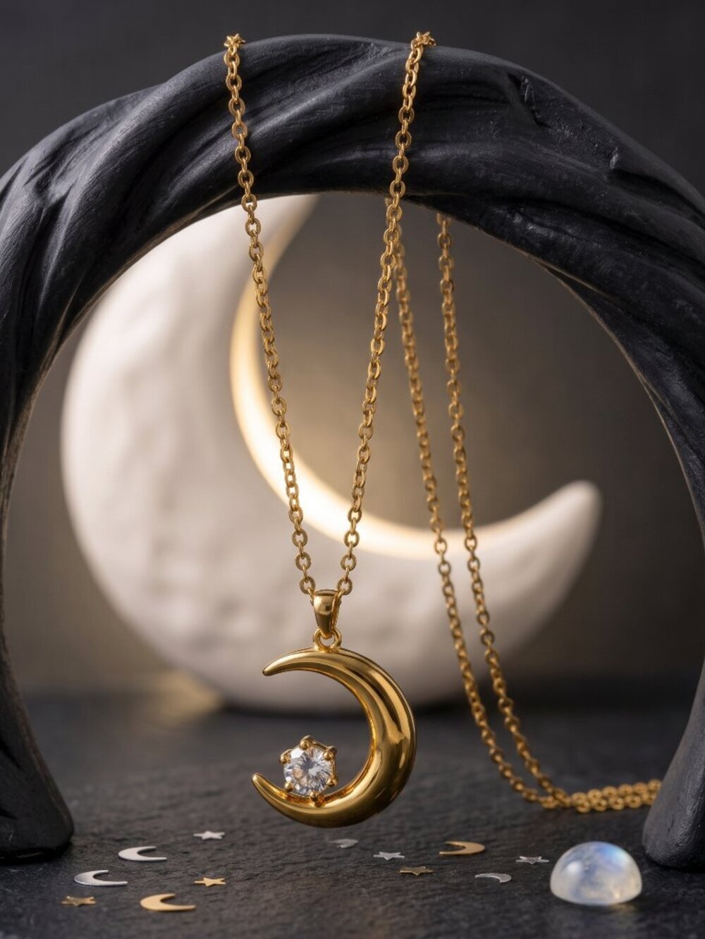 Gold Crescent Moon Necklace CZ Pendant Celestial Layering Stainless Adj 16"